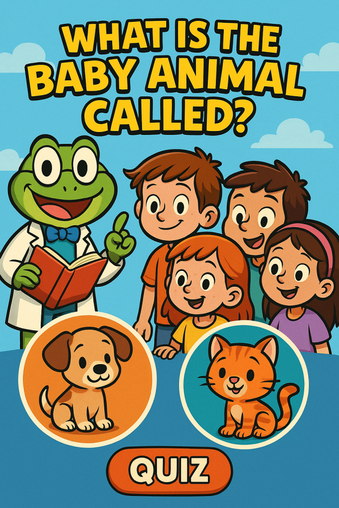 Children with cartoon frog and animals