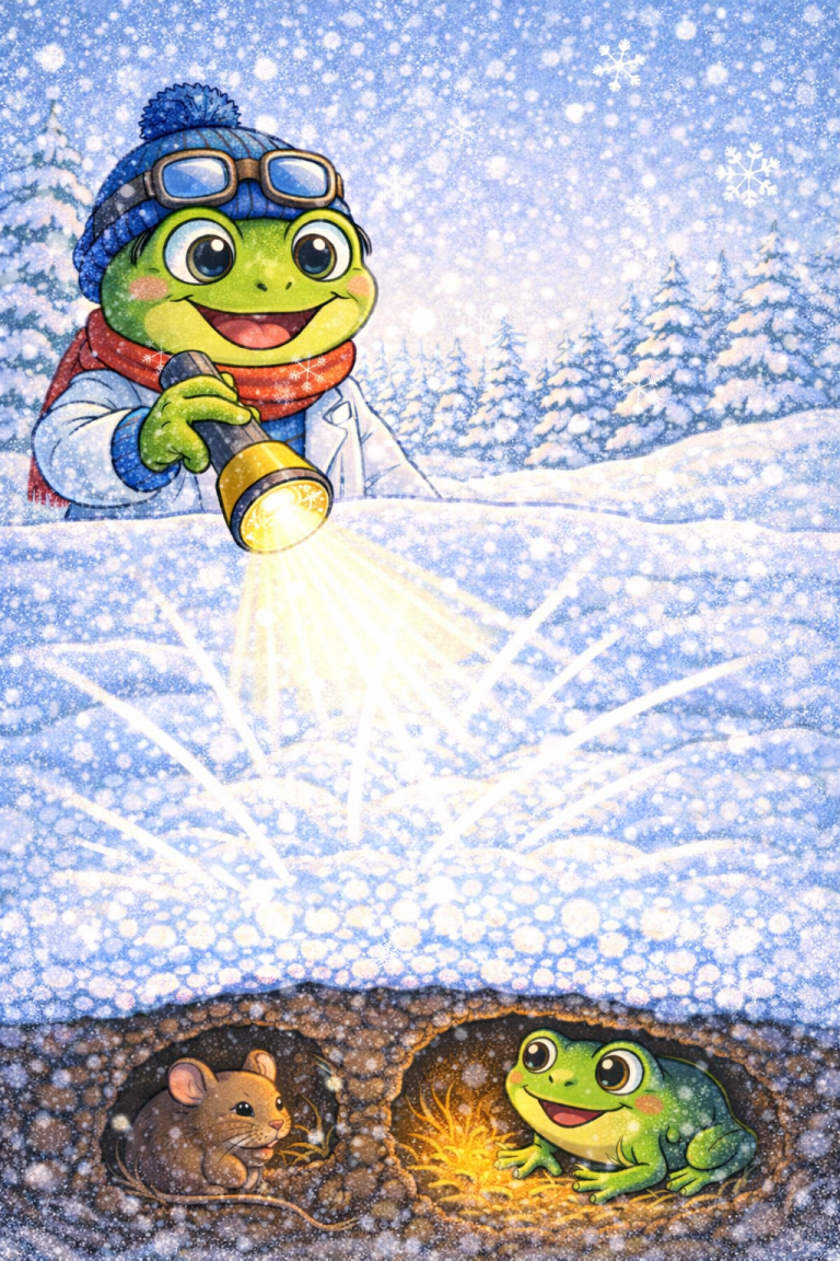 Frog scientist exploring snowy landscape